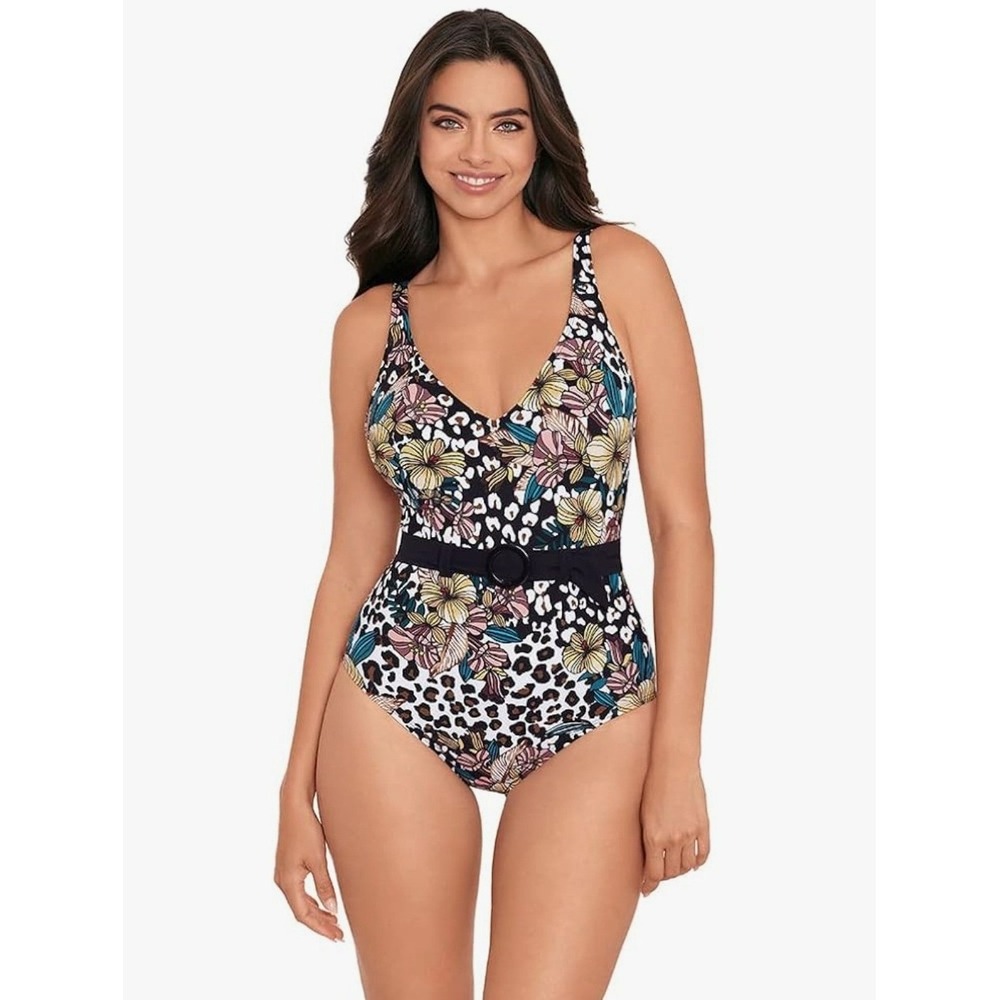 Skinny Dippers Lickity Split One Piece Swimsuit  Floral Belted XL‎ Miraclesuit